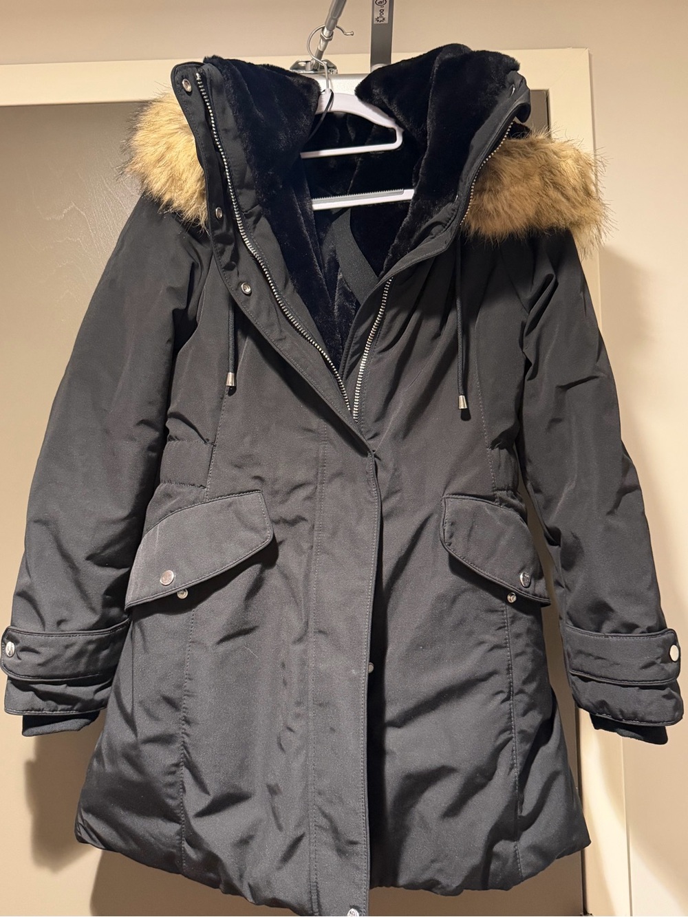 Zara Black Puffer Parka with Faux Fur Hood Trim